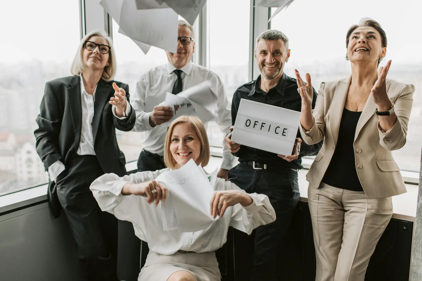 Corporate team collaborating in a bright office environment